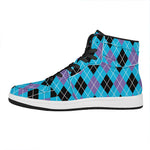 Blue Black And Purple Argyle Print High Top Leather Sneakers
