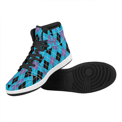 Blue Black And Purple Argyle Print High Top Leather Sneakers