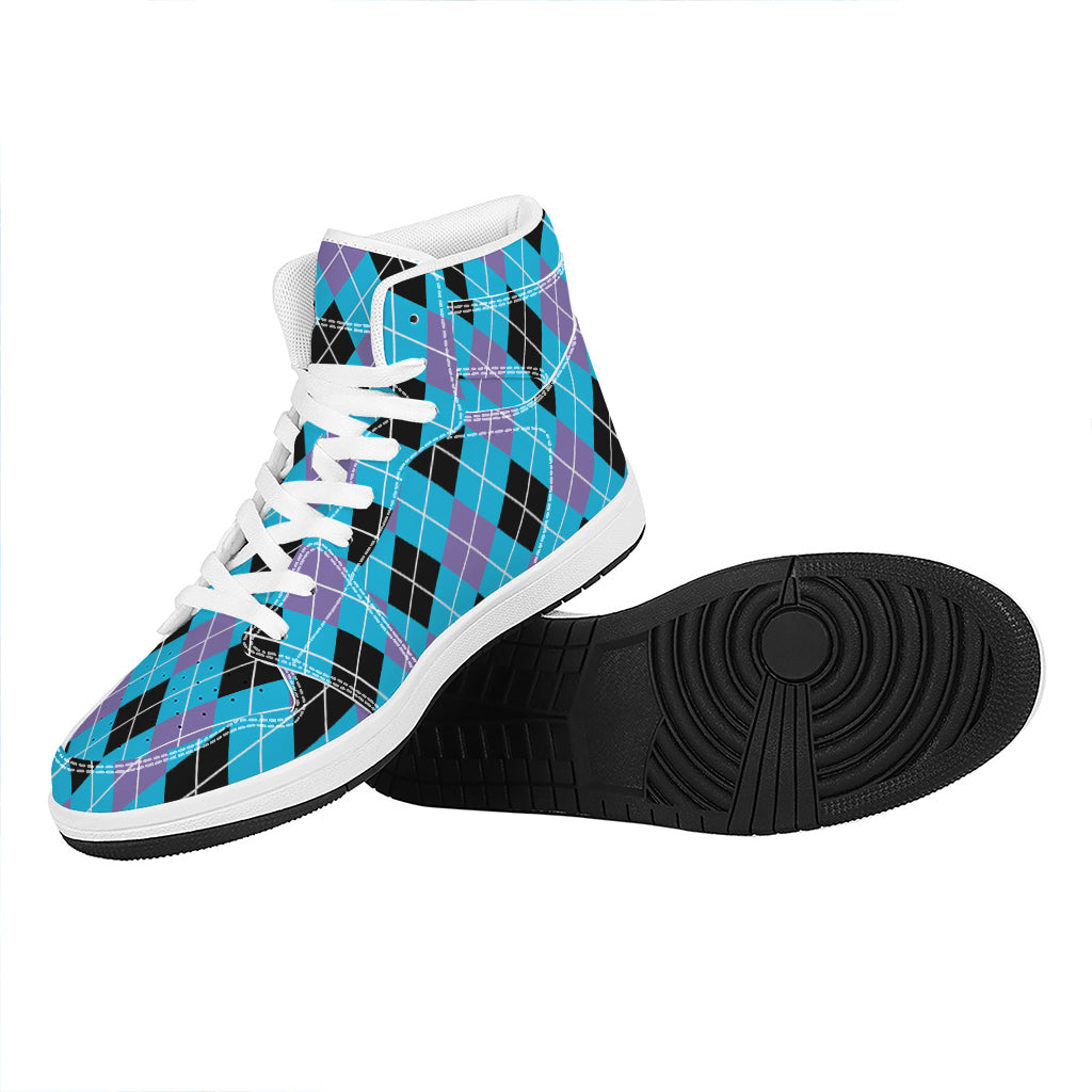 Blue Black And Purple Argyle Print High Top Leather Sneakers