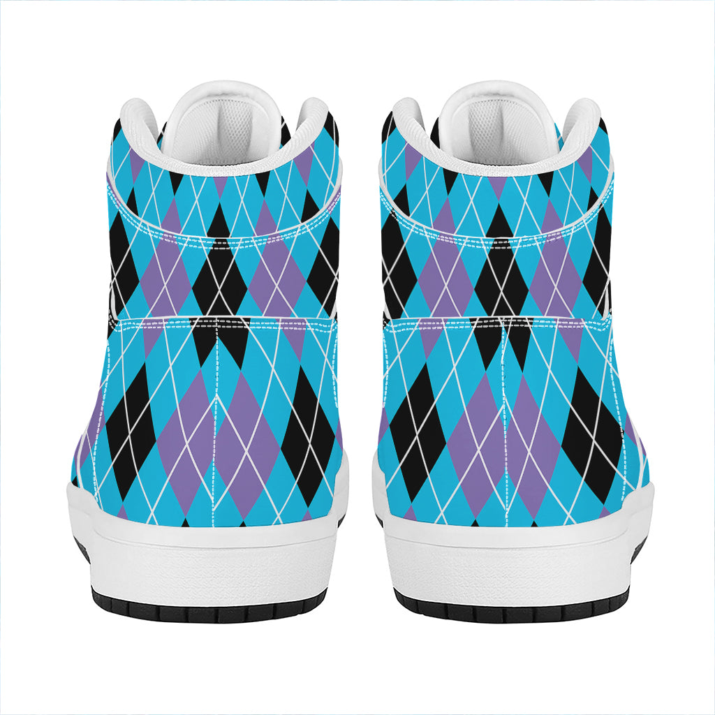 Blue Black And Purple Argyle Print High Top Leather Sneakers