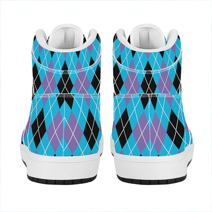 Blue Black And Purple Argyle Print High Top Leather Sneakers