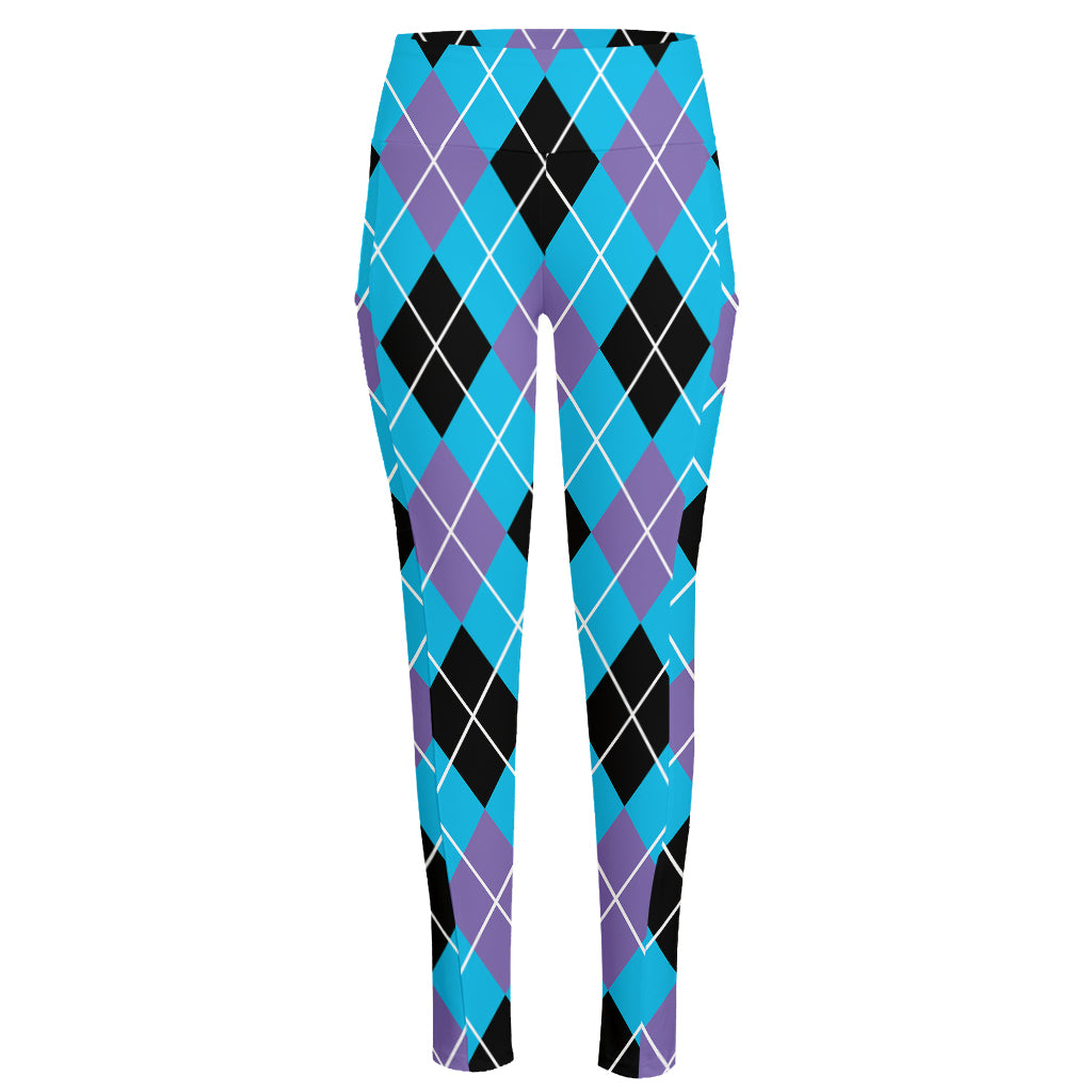 Blue Black And Purple Argyle Print High-Waisted Pocket Leggings