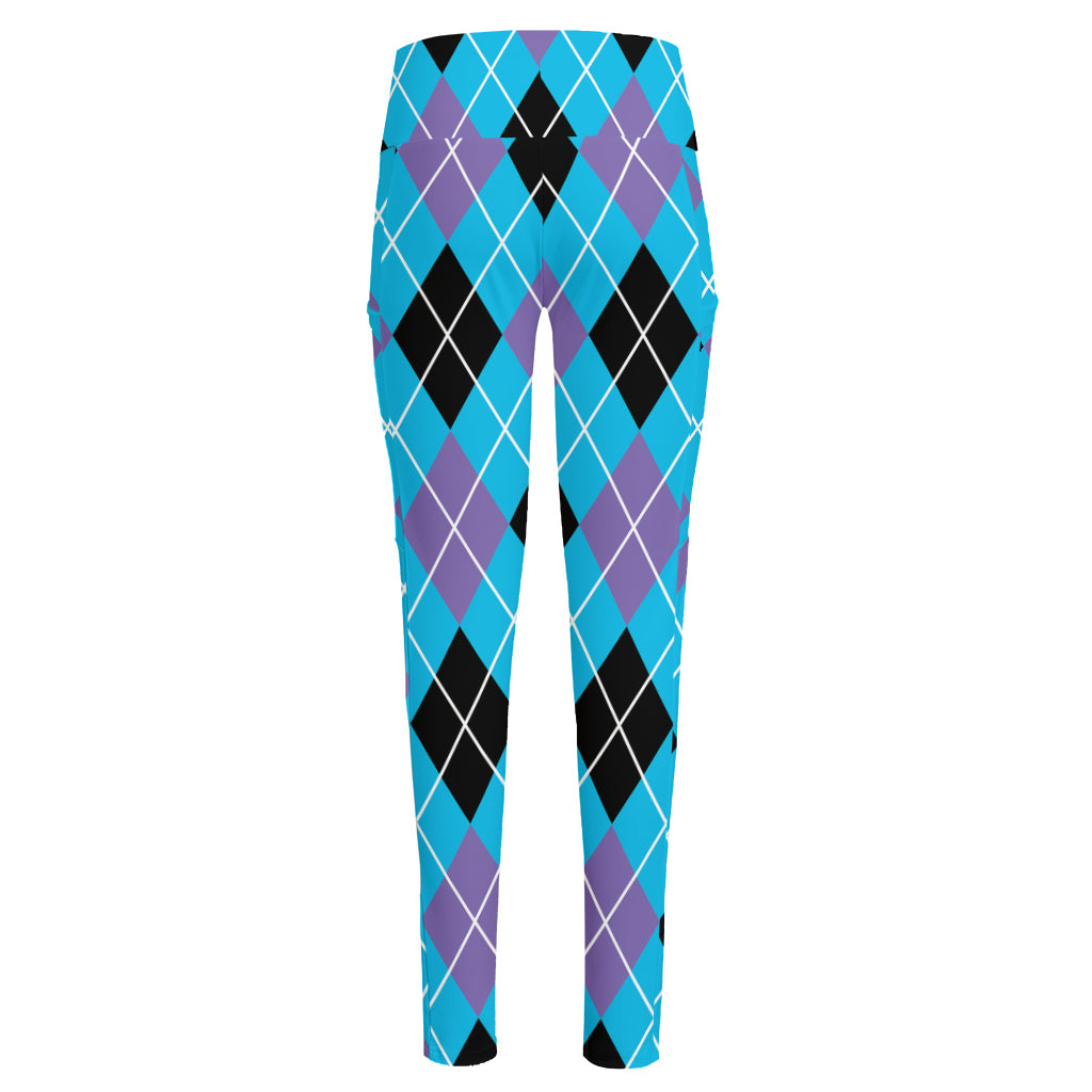 Blue Black And Purple Argyle Print High-Waisted Pocket Leggings
