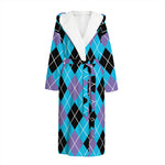 Blue Black And Purple Argyle Print Hooded Bathrobe