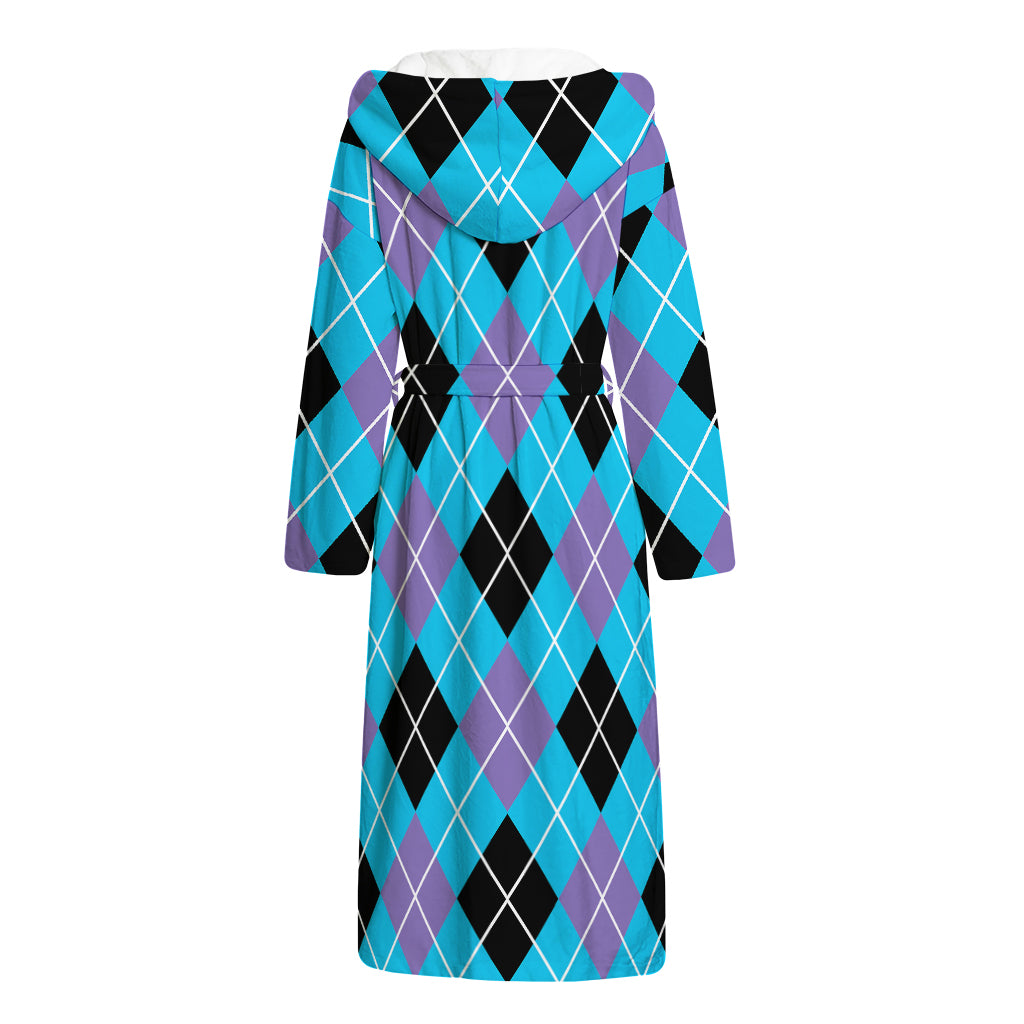 Blue Black And Purple Argyle Print Hooded Bathrobe