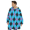 Blue Black And Purple Argyle Print Hoodie Blanket