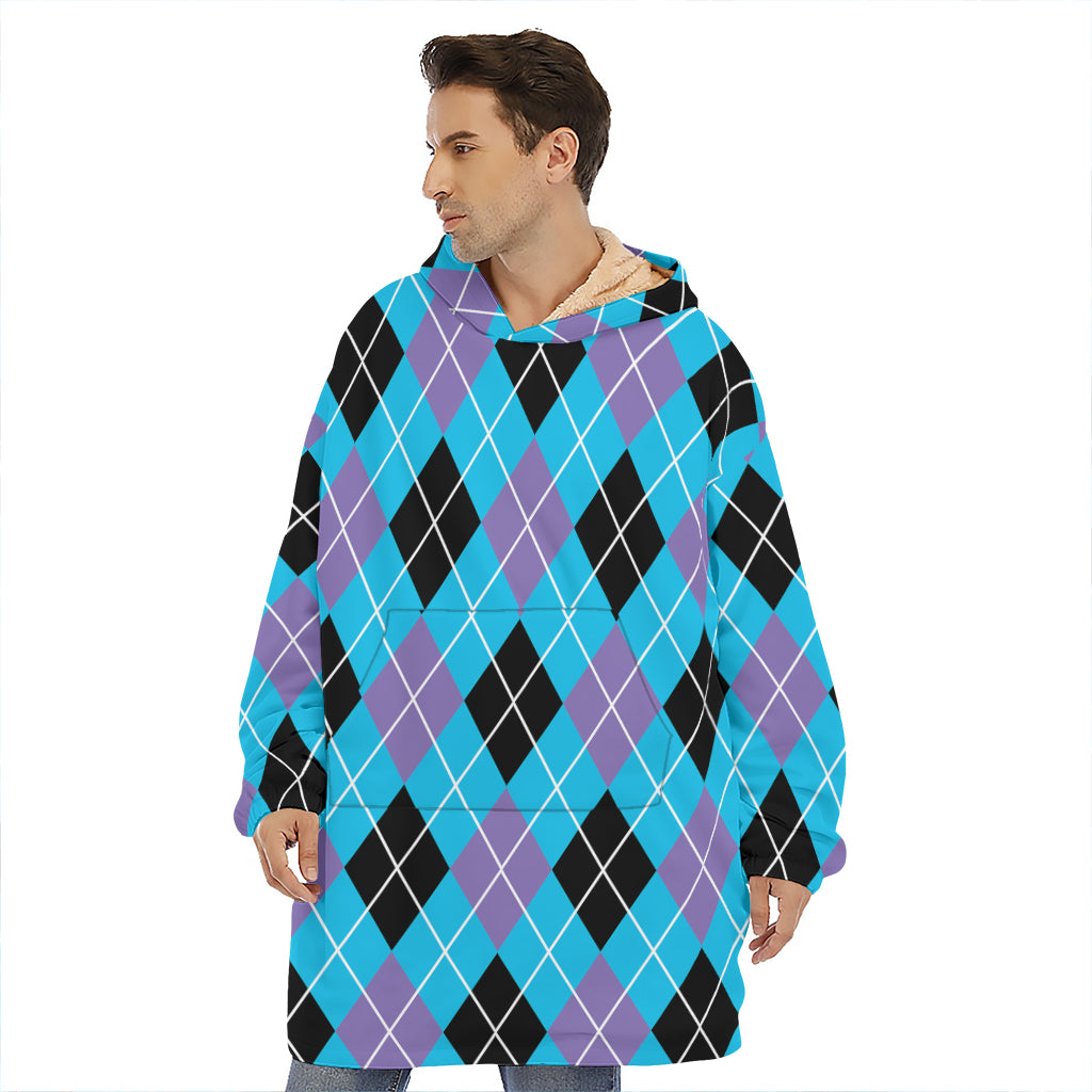 Blue Black And Purple Argyle Print Hoodie Blanket
