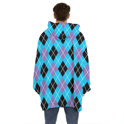 Blue Black And Purple Argyle Print Hoodie Blanket