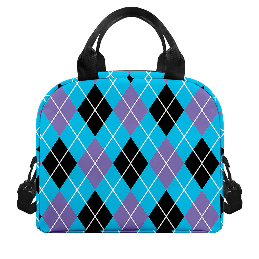 Blue Black And Purple Argyle Print Insulated Lunch Bag