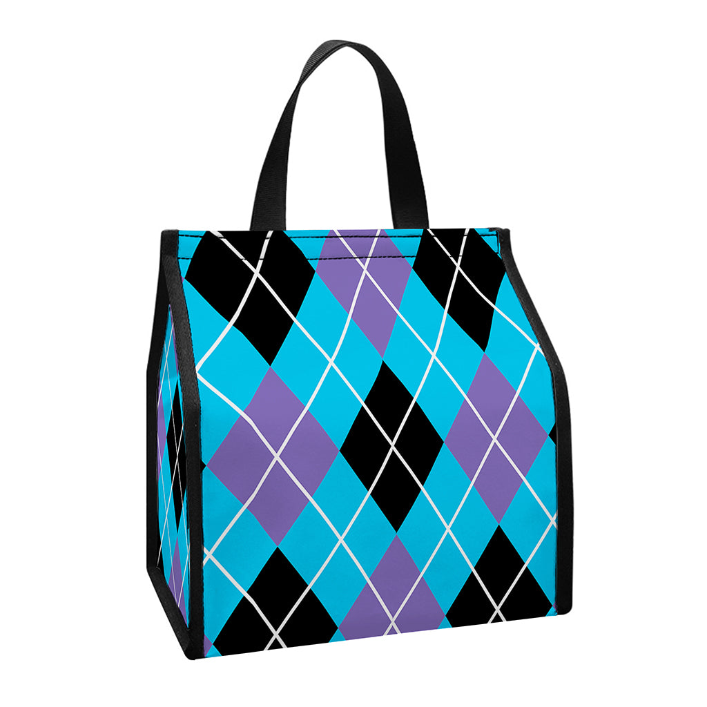 Blue Black And Purple Argyle Print Insulated Lunch Tote