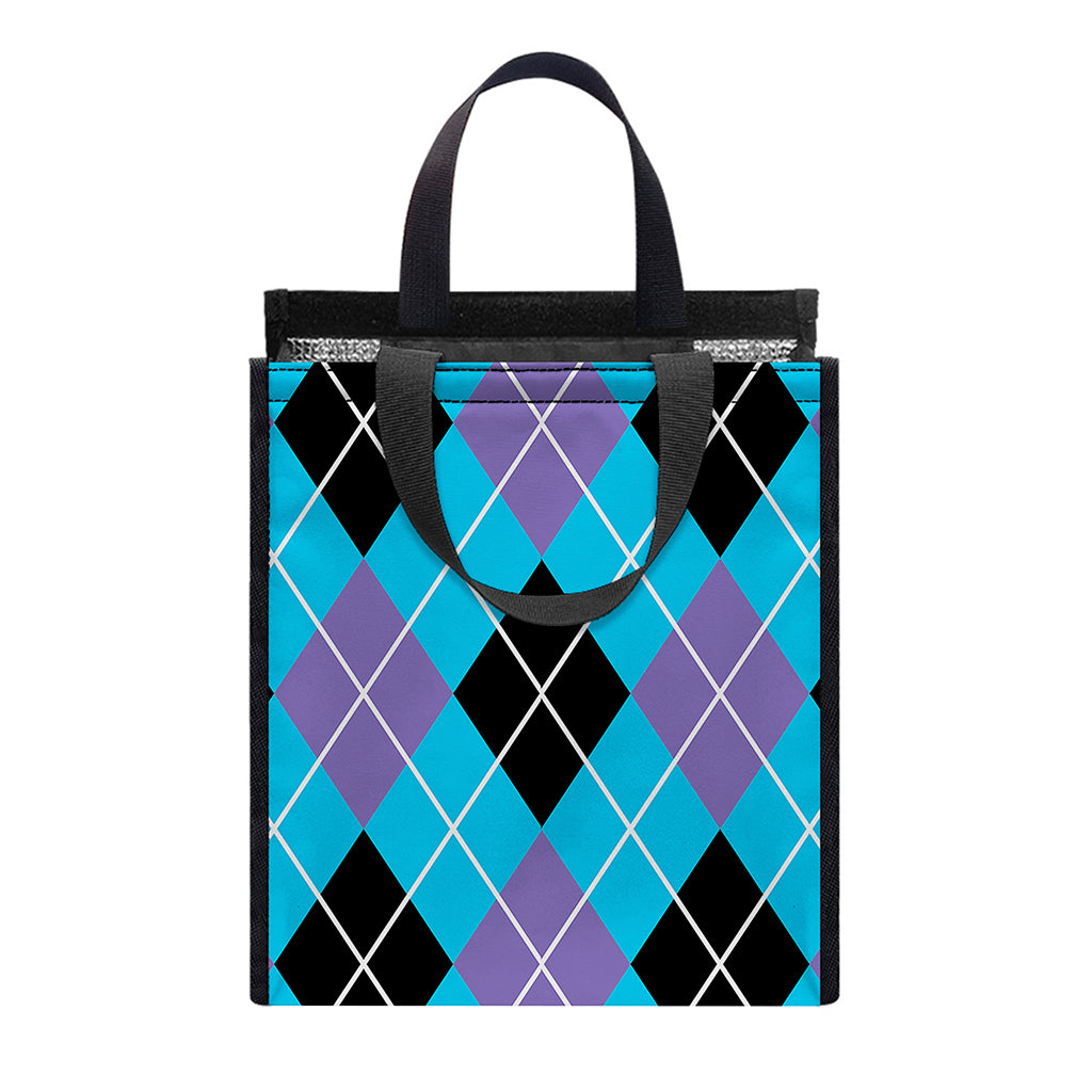 Blue Black And Purple Argyle Print Insulated Lunch Tote