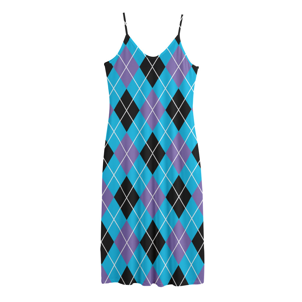 Blue Black And Purple Argyle Print Jersey Midi Cami Dress