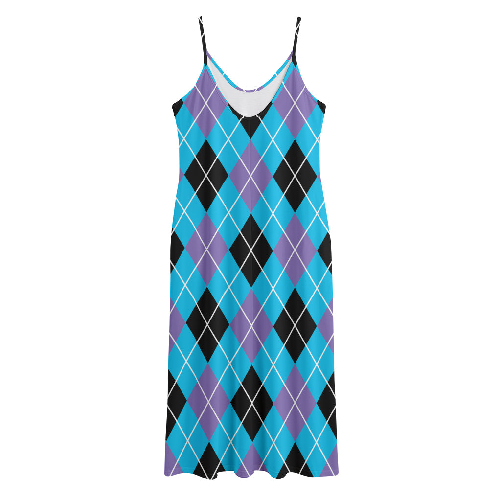 Blue Black And Purple Argyle Print Jersey Midi Cami Dress