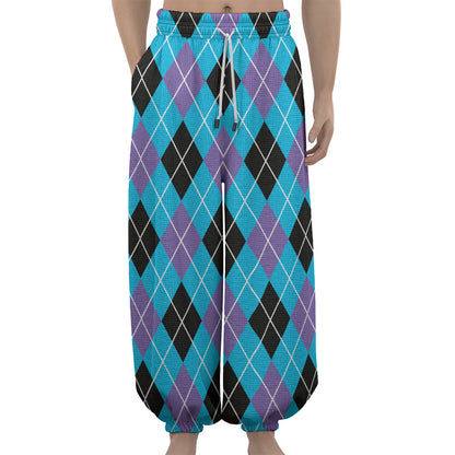 Blue Black And Purple Argyle Print Lantern Pants