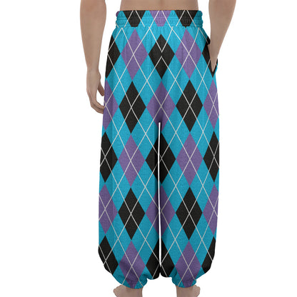 Blue Black And Purple Argyle Print Lantern Pants