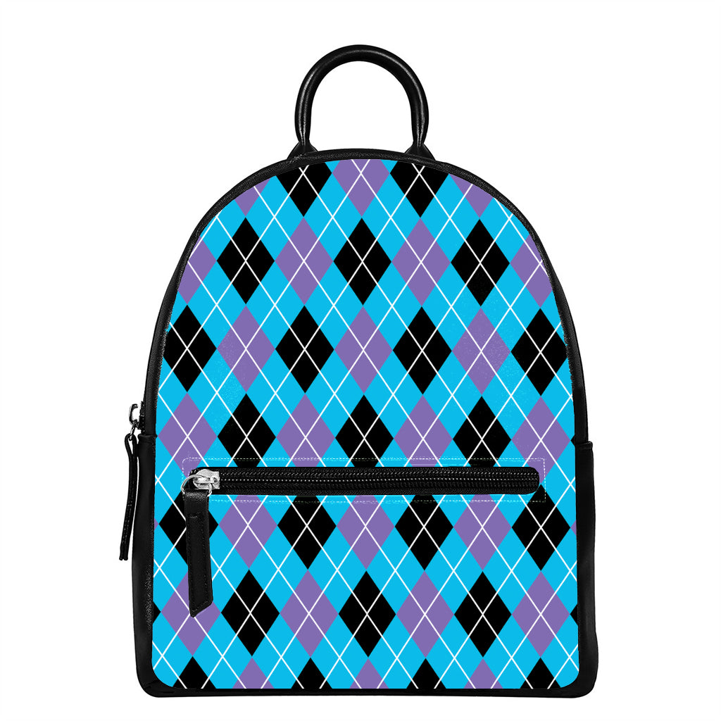 Blue Black And Purple Argyle Print Leather Backpack