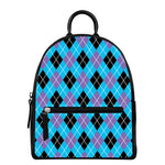 Blue Black And Purple Argyle Print Leather Backpack