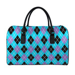 Blue Black And Purple Argyle Print Leather Duffle Bag