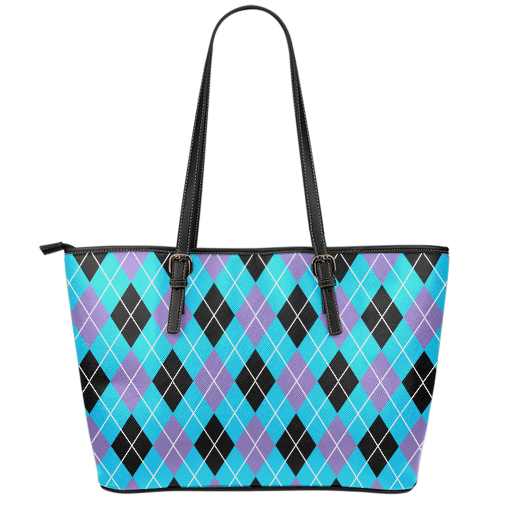 Blue Black And Purple Argyle Print Leather Tote Bag