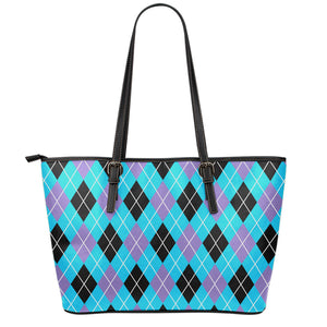 Blue Black And Purple Argyle Print Leather Tote Bag