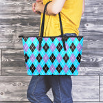 Blue Black And Purple Argyle Print Leather Tote Bag