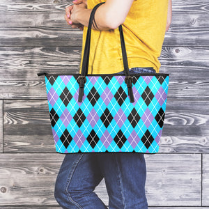 Blue Black And Purple Argyle Print Leather Tote Bag