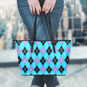 Blue Black And Purple Argyle Print Leather Tote Bag