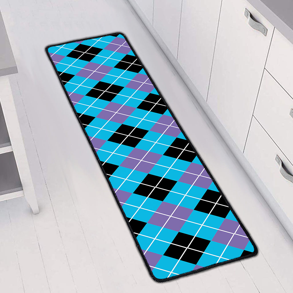 Blue Black And Purple Argyle Print Long Kitchen Mat