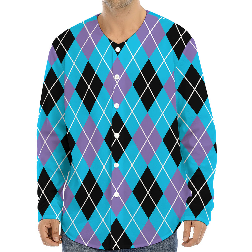 Blue Black And Purple Argyle Print Long Sleeve Baseball Jersey