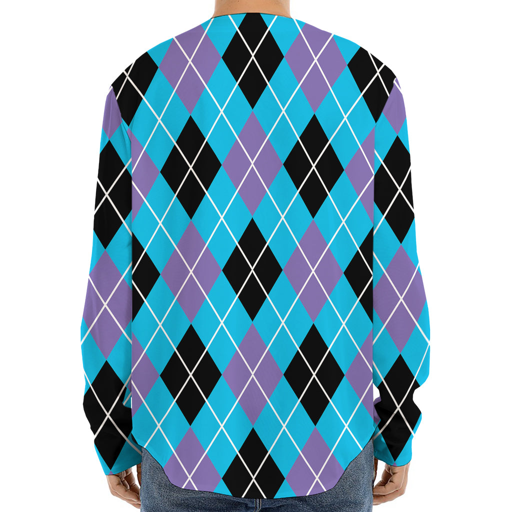 Blue Black And Purple Argyle Print Long Sleeve Baseball Jersey