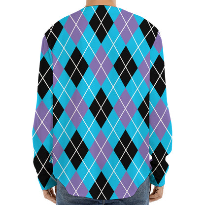 Blue Black And Purple Argyle Print Long Sleeve Baseball Jersey