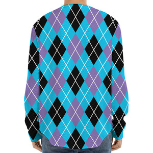 Blue Black And Purple Argyle Print Long Sleeve Baseball Jersey