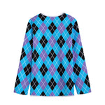 Blue Black And Purple Argyle Print Long Sleeve Short Coat