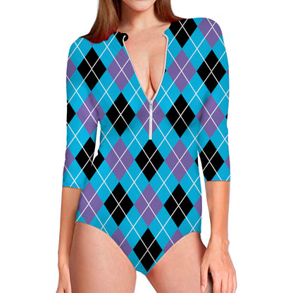 Blue Black And Purple Argyle Print Long Sleeve Swimsuit