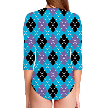 Blue Black And Purple Argyle Print Long Sleeve Swimsuit