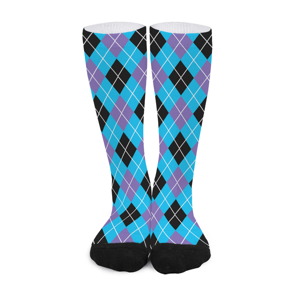 Blue Black And Purple Argyle Print Long Socks