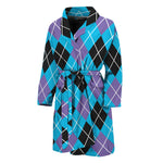 Blue Black And Purple Argyle Print Men's Bathrobe