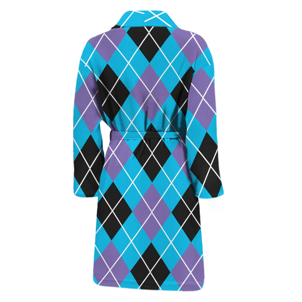 Blue Black And Purple Argyle Print Men's Bathrobe