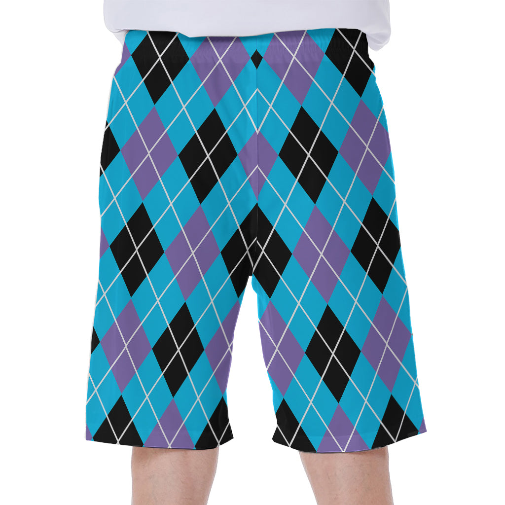 Blue Black And Purple Argyle Print Men's Beach Shorts