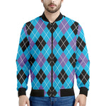 Blue Black And Purple Argyle Print Men's Bomber Jacket