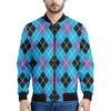 Blue Black And Purple Argyle Print Men's Bomber Jacket