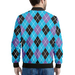 Blue Black And Purple Argyle Print Men's Bomber Jacket