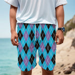 Blue Black And Purple Argyle Print Men's Cargo Shorts