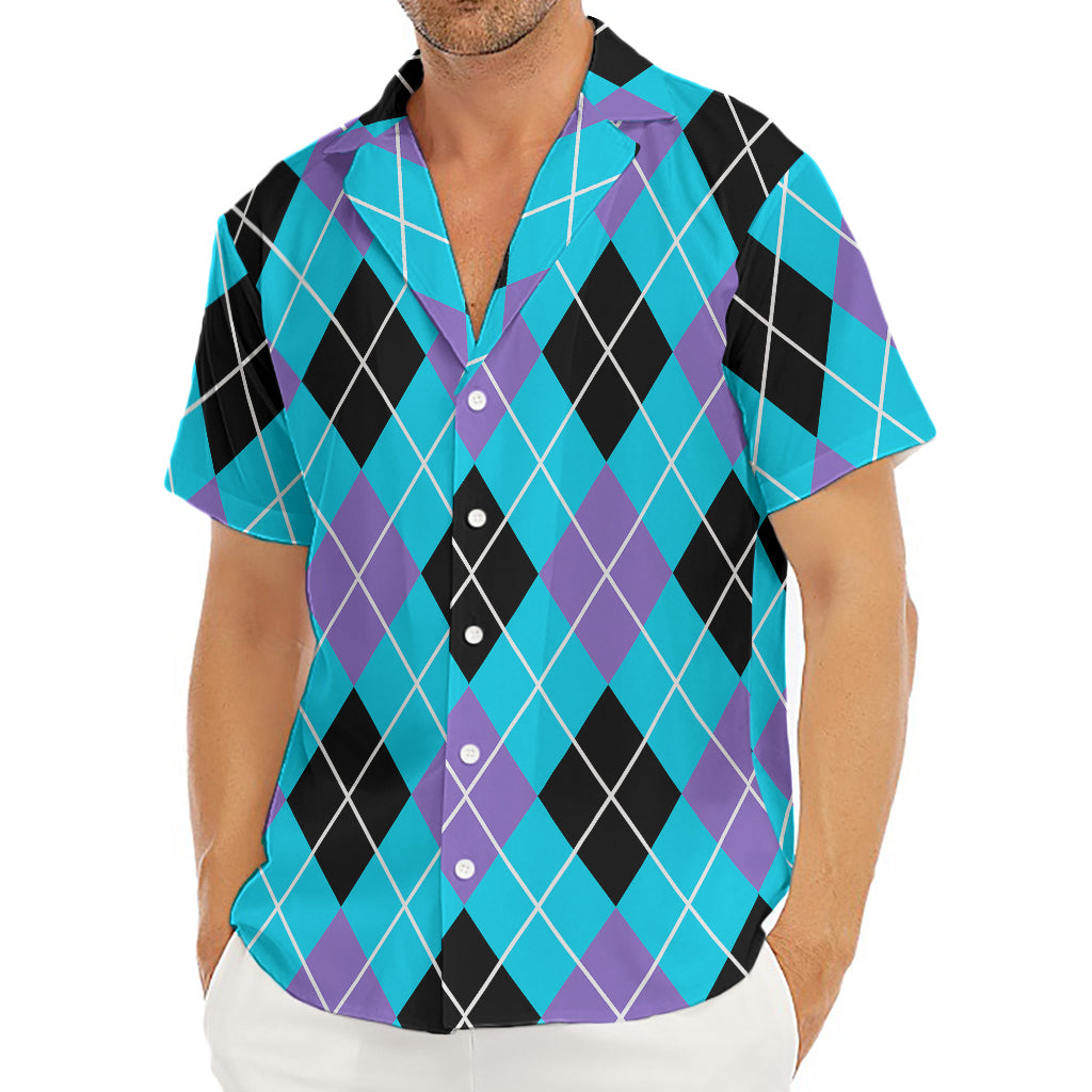 Blue Black And Purple Argyle Print Men's Deep V-Neck Shirt