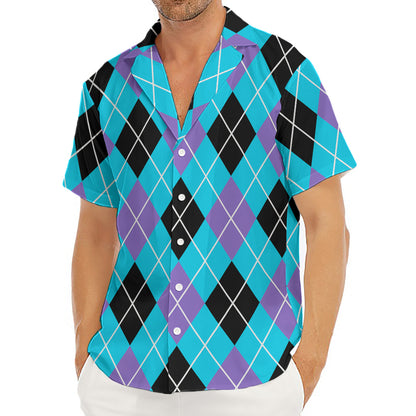 Blue Black And Purple Argyle Print Men's Deep V-Neck Shirt
