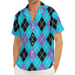 Blue Black And Purple Argyle Print Men's Deep V-Neck Shirt