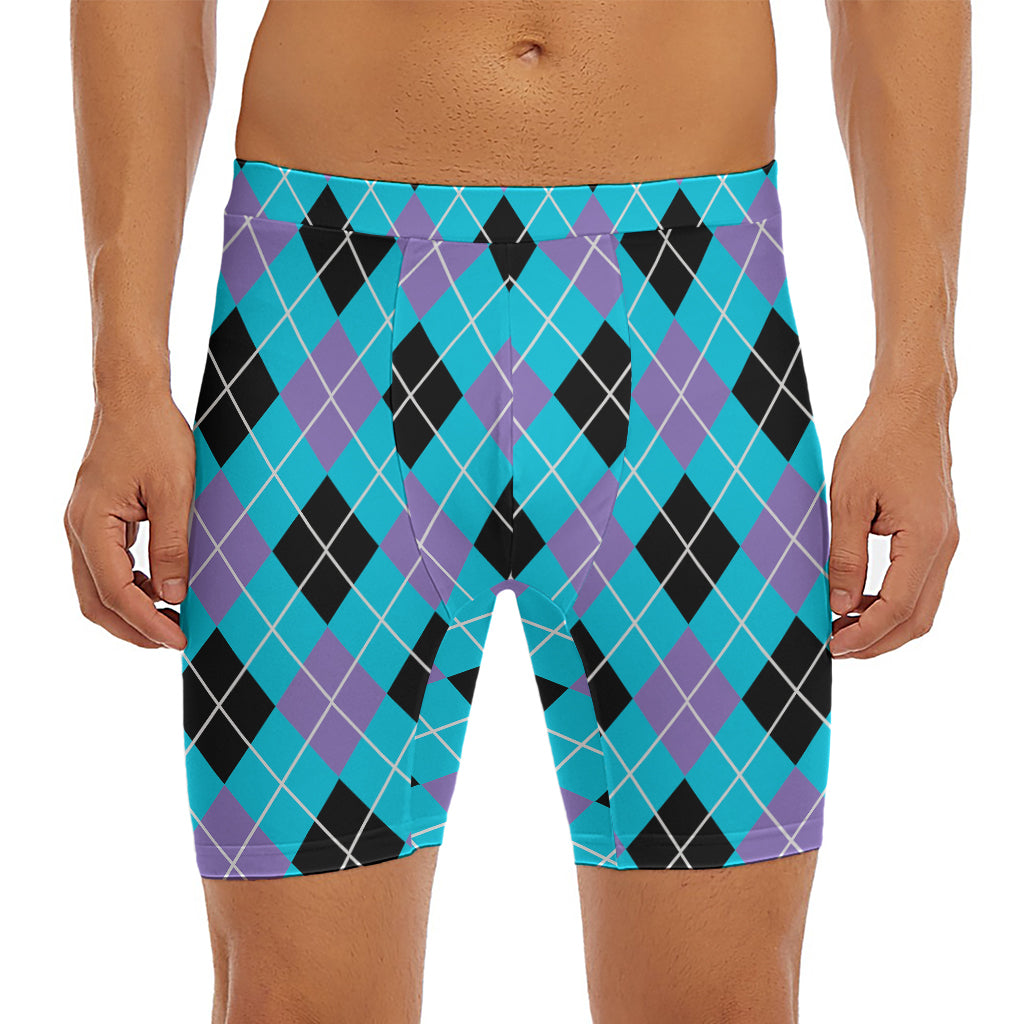 Blue Black And Purple Argyle Print Men's Long Boxer Briefs
