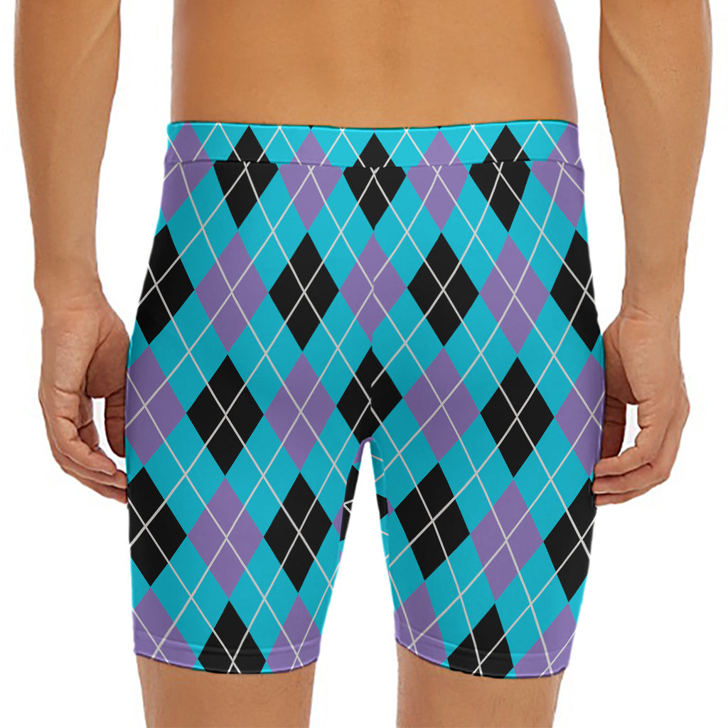 Blue Black And Purple Argyle Print Men's Long Boxer Briefs