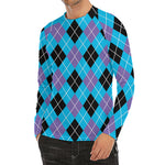 Blue Black And Purple Argyle Print Men's Long Sleeve Rash Guard