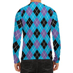 Blue Black And Purple Argyle Print Men's Long Sleeve Rash Guard